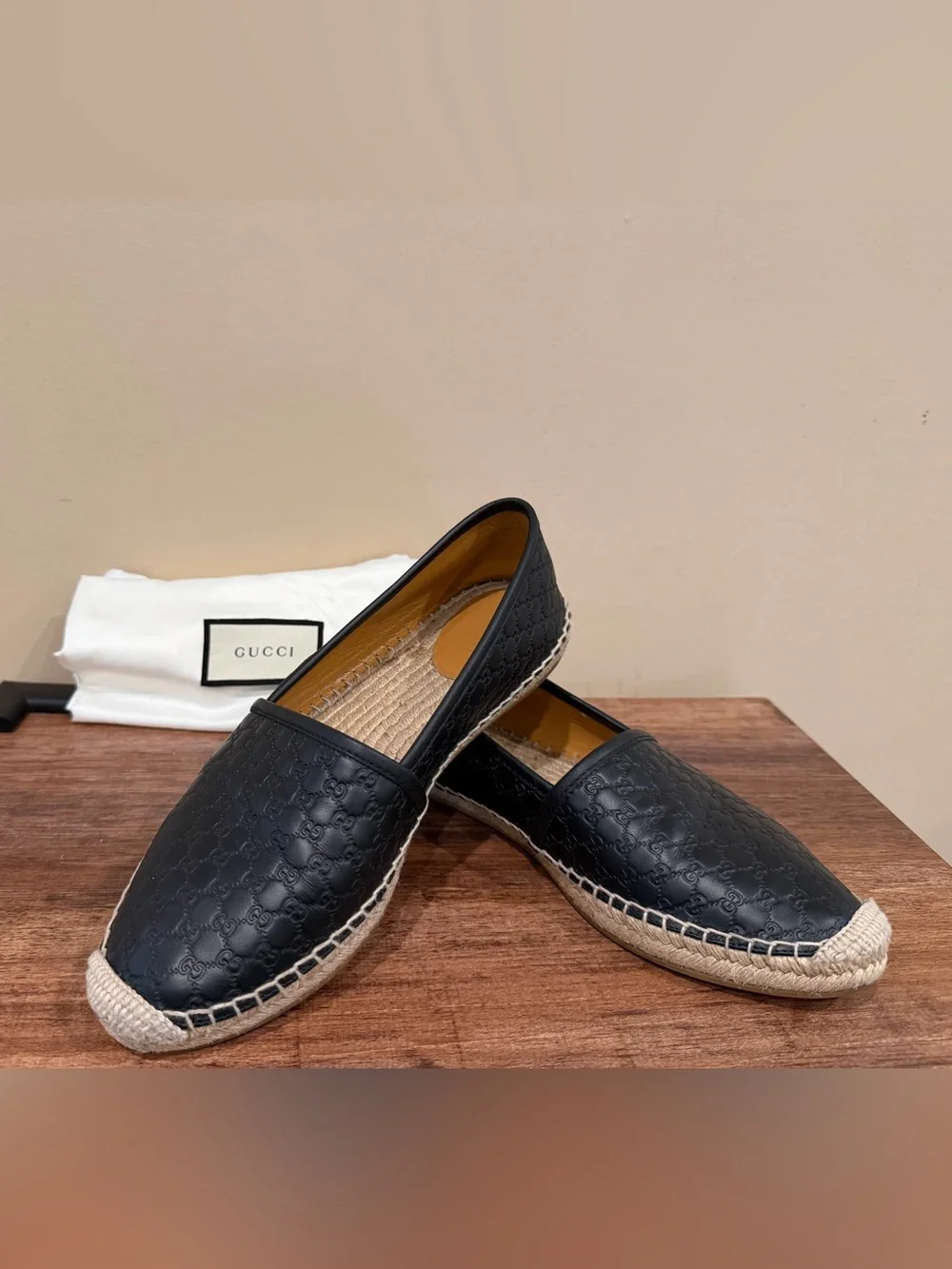 Gucci Black Embossed Leather Espadrille Flats